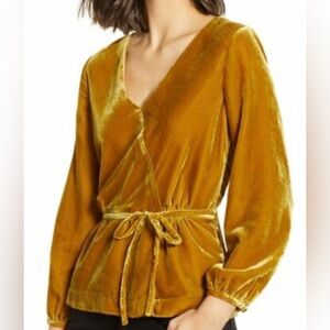 J. Crew Festive Mustard Drapey Velvet Faux Wrap Shirt Forest Fairy Soft&Luxe NWT